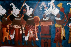 Reproduction of a Mural Showing Servants and Musicians During a Ceremony, from the Temple of Murals, Bonampak by Mayan